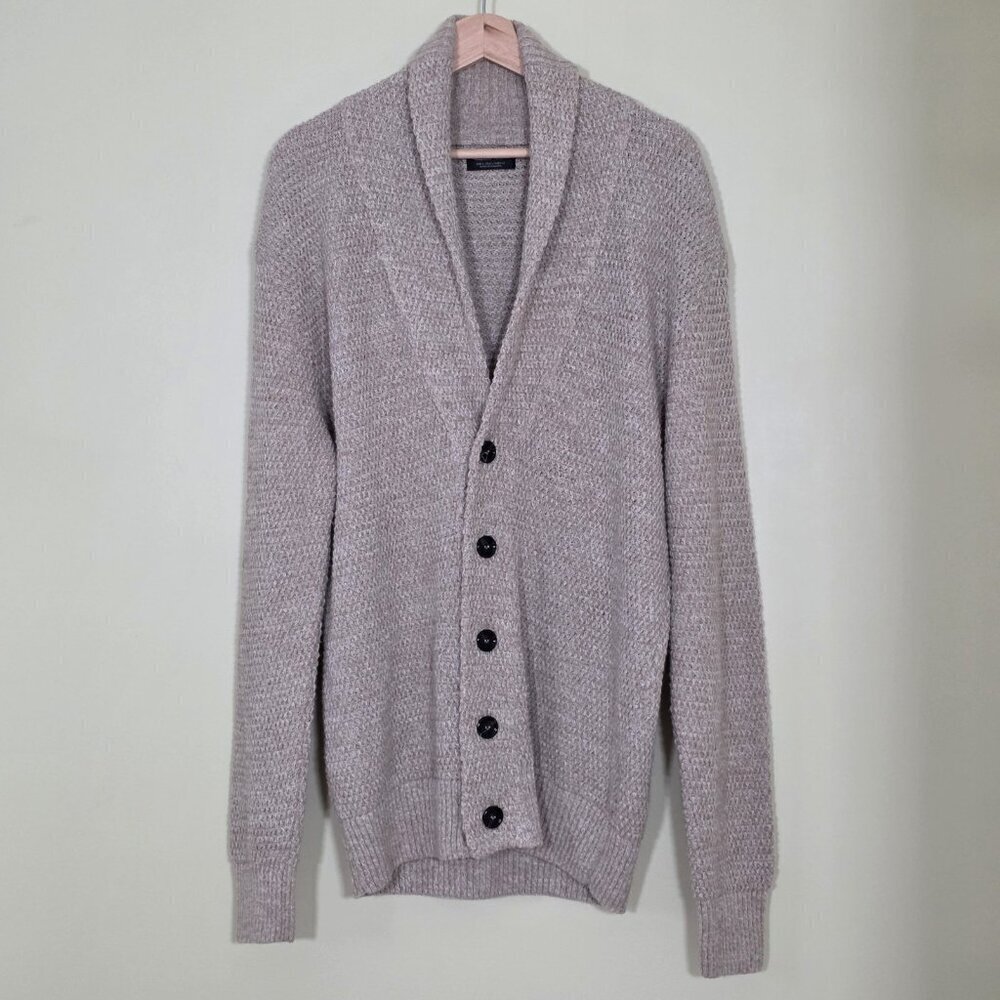 Zara Cardigan Men L Beige Marled Textured LS Shawl Collar Button Preppy Academia